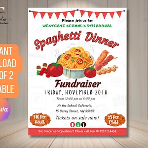 Download And Edit Spaghetti Dinner Fundraiser Flyer, PTO Community School Benefit Event, Pasta Dinner Custom Digital Invitation via CANVA
