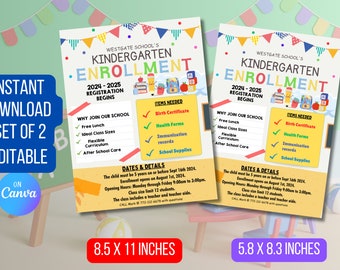 May include: A colorful printable flyer for kindergarten enrollment at Westgate School. The flyer includes information about the school, enrollment dates, and required items. The flyer is available in two sizes: 8.5 x 11 inches and 5.8 x 8.3 inches.