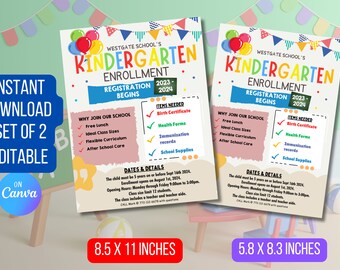 May include: A colorful printable flyer for kindergarten enrollment at Westgate School. The flyer includes information about the school, registration dates, and required items. The flyer is 8.5 inches by 11 inches.