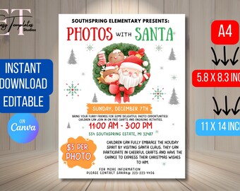 Może przedstawiać: Świąteczny plakat z napisem "PHOTOS WITH SANTA". Zawiera ilustracje Świętego Mikołaja, renifera i piernikowego ludzika. Plakat jest na wydarzenie 7 grudnia, o wymiarach 14,7 x 21,1 cm i 27,9 x 35,6 cm.