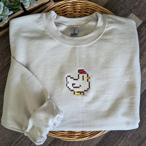 Stardew valley chicken pixel art crewneck, Gaming sweater, Gamer gift, unisex, pixel art embroidery, Chicken embroidered sweater