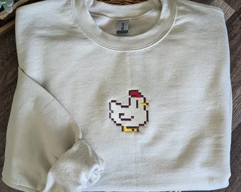 Stardew Valley Chicken Pixel Art Embroidered Gildan Crewneck Sweatshirt