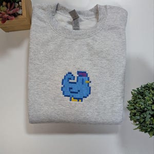 Stardew valley chicken embroidered sweater, Gaming sweater, Gamer gift, pixel art embroidery, embroidered chicken sweater, Blue chicken