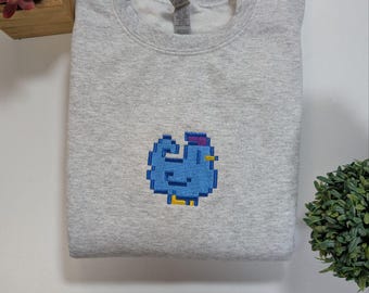 Stardew Valley Inspired Blue Chicken Embroidered Sweatshirt | Pixel Art Gaming Crewneck | Cozy Farm Game Gift