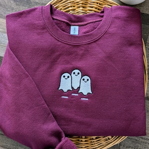 Embroidered Mini Ghost Crewneck | Cute 3 Ghosts Sweatshirt | Minimalist Spooky Season Fall Sweater | Halloween Pocket Applique Gift