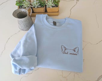 Minimalist Cat Mom Sweatshirt | Embroidered Cat Ears Crewneck | Subtle Pet Lover Apparel | Fur Mama Sweater | Cute Cat Owner Gift