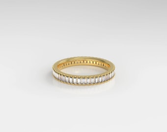 Anello di fidanzamento con zirconi bianchi taglio baguette, fede nuziale a giro completo, anello impilabile in oro 14 carati, regalo di anniversario, anello di promessa, fede minimalista