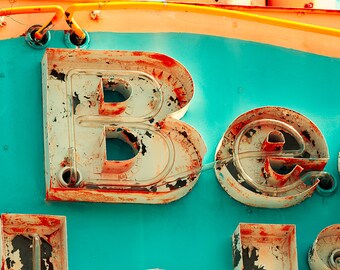 Vintage neon sign photo, orange, turquoise, rust, peeling paint, motel sign, Jersey Shore, funky decor, mid century, doo wop