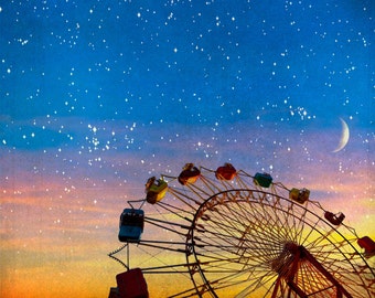 Ferris wheel photography fairytale Moon and stars photograph dark blue zodiac ferris wheel, sunset, orange, dusk, space