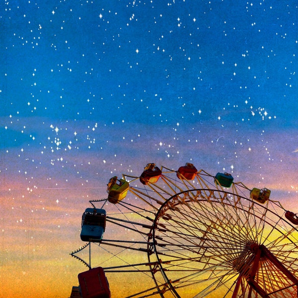 Ferris wheel photography fairytale Moon and stars photograph dark blue zodiac ferris wheel, sunset, orange, dusk, space