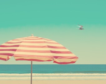 Beach umbrella, red and white stripes, coastal art, seabird, blue horizon, ocean photography, turquoise sky, relax, meditation room