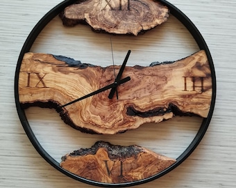 Live Edge Olive Wood Wall Clock with Metal Frame, Large Olive Wood Wall Clock, Unique Segmented Wooden Wall Decor, Handcrafted Gift