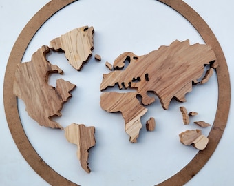 Olive Wood World Map Wall Art - 40cm Wooden Wall Decor