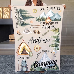 Personalized Camping Blanket, Forest Adventure Fleece Blanket, Campfire Blanket, Adventure Awaits Blanket, Mountain Blanket, Summer Blanket