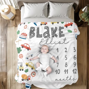 Custom Baby Milestone Fleece Blanket, Vehicles Blanket, Toddler Blanket, Toddler Birthday Gift, Baby Boy Blanket, Construction Blanket