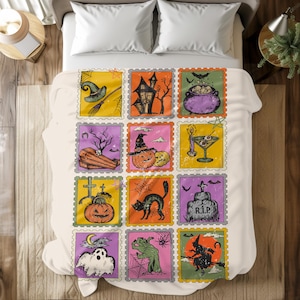 Retro Vintage Spooky Halloween Throw Blanket, Spooky Season, Ghost Halloween, Vintage Jack-o&#39;-lantern, Halloween watching movie blanket