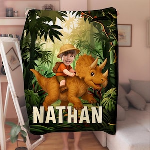Custom Photo Safari Blanket For Kids With Face, Little Boy Riding Dinosaur Fleece Blanket, Baby Boy Birthday Gift, Christmas Gift for Boys