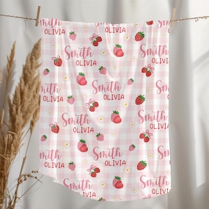 Personalized Strawberry Blanket with Name, Custom Baby Name Blanket, Girl Birthday Gift, Girl Nursery Decor,Baby Shower Gift,Toddler Blanket