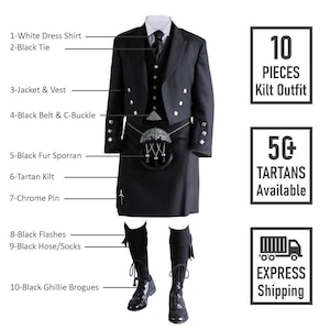 Conjunto de kilt escocês com jaqueta preta Prince Charlie, 10 peças, conjunto de kilt feito à mão, vintage, masculino, tradicional, pacote com mais de 50 tartãs