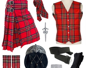9 PCS Scottish Kilt Set Highland Traditional Vintage Kilt & Vest Outfit Available in 40+ Tartans
