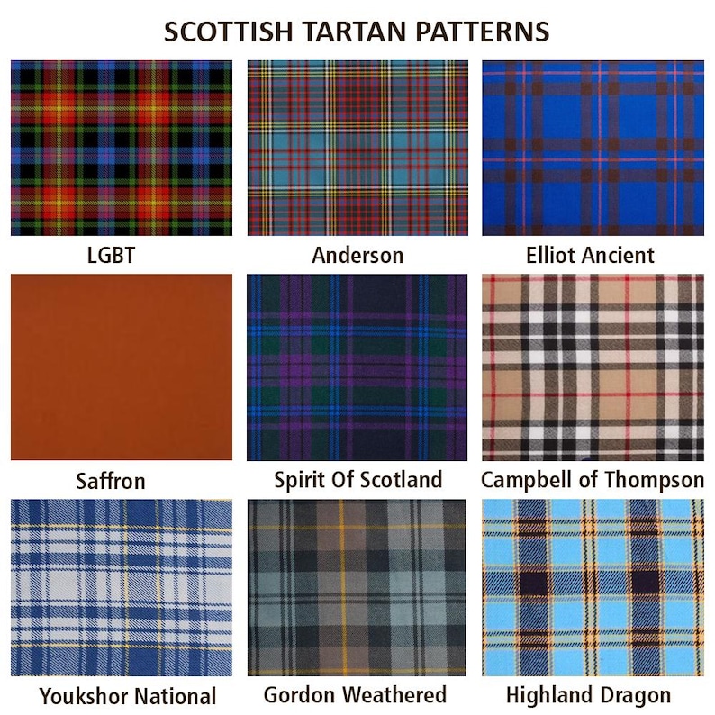 Pu&ograve; includere: Una griglia di nove modelli di tartan scozzese con nomi. I modelli includono colori vivaci come rosso, blu, verde e giallo. Il testo "SCOTTISH TARTAN PATTERNS" &egrave; in alto. Ogni modello &egrave; etichettato con un nome.