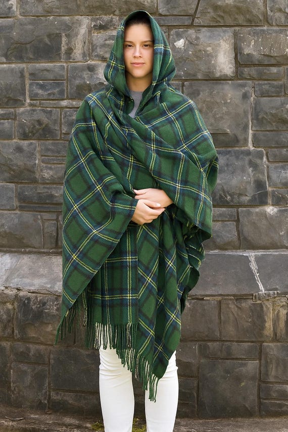 Irish Tartan Shawl Acrylic Wool Ruana Shawl With or Without Hood