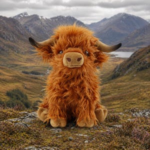 May include: A plush Highland cow with long, shaggy, reddish-brown fur, large horns, and a soft, brown snout. The stuffed animal is sitting on a rock with a scenic mountain and lake backdrop.