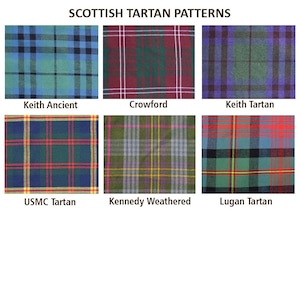 Pu&ograve; includere: Immagine che mostra sei diversi modelli di tartan scozzese. I modelli includono Keith Ancient, Crawford, Keith Tartan, USMC Tartan, Kennedy Weathered e Lugan Tartan. Ogni modello presenta una combinazione unica di colori e design a griglia.