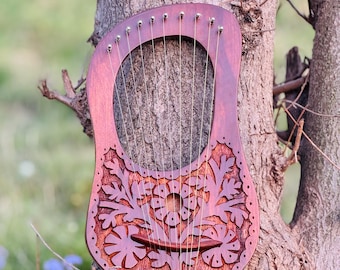 Rosewood Flower Lyre Harp 10 Metal Strings Lyre Harps With Free Strings, Tuning Key & Bag