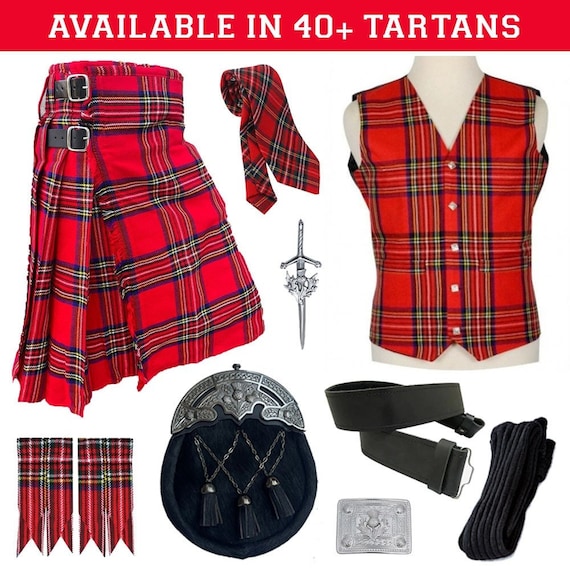 9 PCS Scottish Kilt Set Highland Traditional Vintage Kilt & Vest Outfit Available in 40+ Tartans