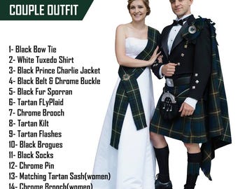 Scottish Kilt Outfit - Traditional Highland Tartan Kilt Set 14pcs Wedding Kilt Outfit With Ladies Matching Tartan Sash Available 50+ Tartans