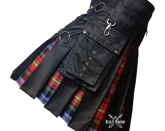 Falda escocesa híbrida utilitaria moderna - Falda escocesa plisada de tartán para hombre, negra con estampado arcoíris, disponible en diferentes tallas.