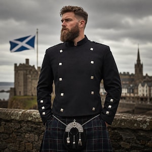 May include: A black jacket with silver square buttons, worn with a traditional tartan kilt and sporran. The jacket has a high collar and is paired with a patterned kilt. A Scottish flag waves in the background.