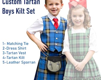 Scottish Kids Kilt Outfit Highland Traditional Tartan Kilt Vest, Dress Shirt Matching Tie Baby Kilt Set Available in 50+ Tartans