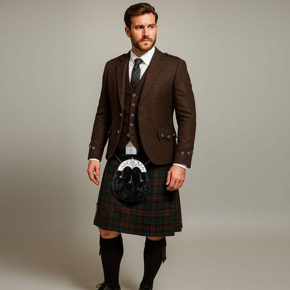 10 PCS Kilt Outfit Brown Tweed Kilt Jacket Scottish Outfit Vintage Traditional Wedding Kilt Set Highland Kilt Package in 50+ Tartans
