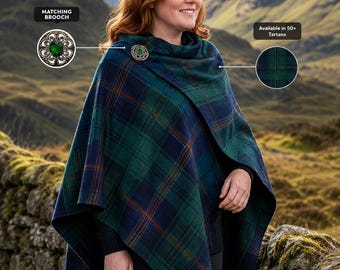 Damen Schottenkaro Schal mit passender keltischer Brosche - Acrylwolle Damen Cape, kariert, Wickelschal in 50+ Tartans