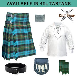 May include: A kilt outfit with a blue and green tartan kilt, a white shirt with a lace-up neckline, a black leather belt, a black and white sporran, and a pair of green and black kilt hose. The text "A KILT SHOP" is visible in the image.