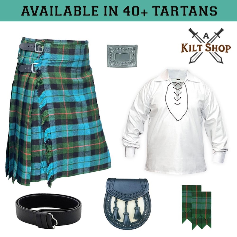 May include: A kilt outfit with a blue and green tartan kilt, a white shirt with a lace-up neckline, a black leather belt, a black and white sporran, and a pair of green and black kilt hose. The text "A KILT SHOP" is visible in the image.