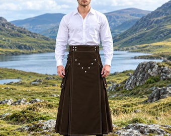 Kilt utilitário longo masculino | Kilt utilitário escocês personalizado de comprimento total | Kilt moderno e resistente com bolsos cargo | Tamanho e cor personalizados
