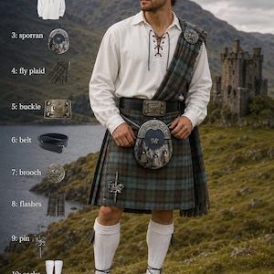 Può includere: Un uomo in abito tradizionale scozzese, tra cui un kilt a quadri verde e blu, una camicia bianca e uno sporran. L'outfit presenta una cintura con fibbia, un fly plaid, una spilla, lampi, una spilla e calzini bianchi. Lo sfondo mostra un lago e un castello.