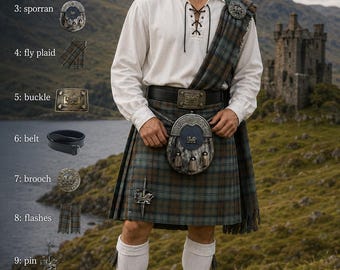 Mens Kilt Outfit Casual Wear & Scottish Wedding Kilt Set 10 Pieces Available in 50+ Clan Tartans