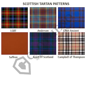 May include: Image showcasing six Scottish tartan patterns. The patterns include LGBT, Anderson, Elliot Ancient, Saffron, Spirit of Scotland, and Campbell of Thompson. Each pattern features distinct color combinations and grid designs.