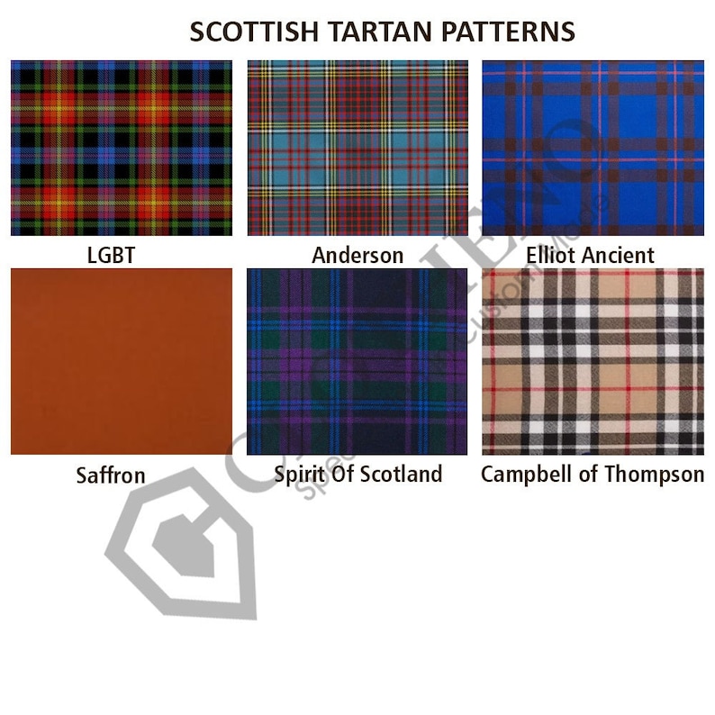 May include: Image showcasing six Scottish tartan patterns. The patterns include LGBT, Anderson, Elliot Ancient, Saffron, Spirit of Scotland, and Campbell of Thompson. Each pattern features distinct color combinations and grid designs.