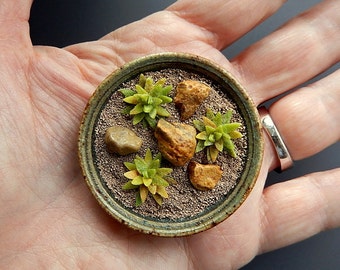 IGMA Fellow 1:12 Scale Miniature Dollhouse Sedum Rock Garden in Carol Mann Stoneware Bowl