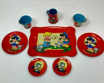 Vintage Ohio Art Tin Litho Childs Tea Set Kittens