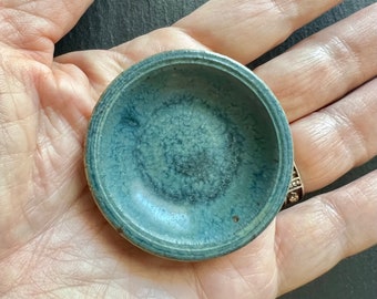 Signed Vintage Miniature IGMA Fellow Carol Mann 1:12 Scale Blue and Brown Speckled Wheel-Thrown Stoneware Garden Bowl