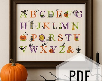 Halloween Alphabet Kreuzstich Muster, Gruselige ABC Buchstaben PDF zum sofortigen Download