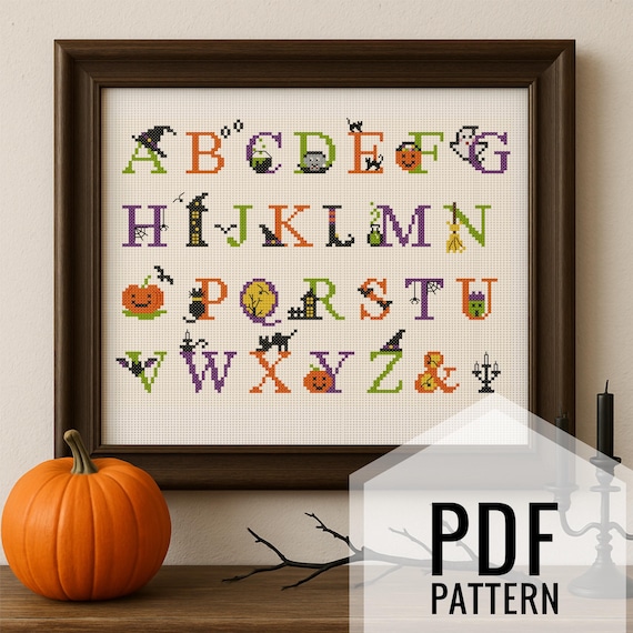 Halloween Alphabet Cross Stitch Pattern, Spooky ABC Letters PDF for Instant Download