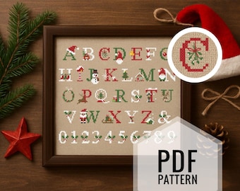 Christmas Alphabet, Festive Cross-Stitch Pattern PDF, Holiday Embroidery Letters Chart, Instant Download Christmas Sampler