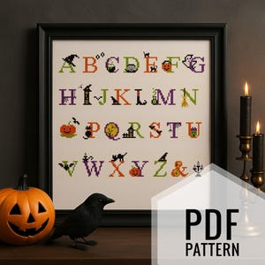 Halloween-themed cross stitch alphabet pattern with spooky decorated letters including pumpkins, witches, ghosts, cats, and bats – digital PDF for instant download